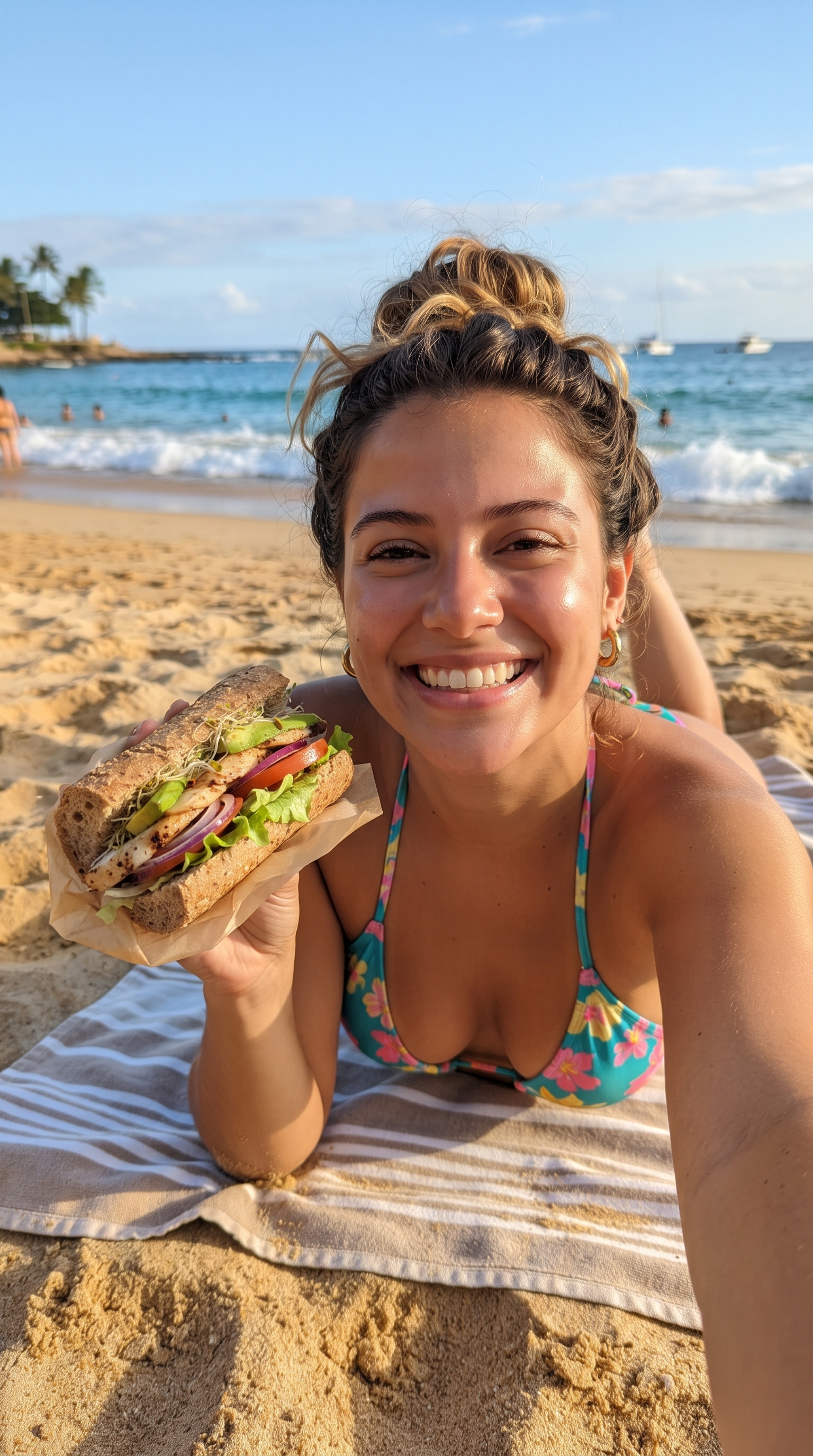 Selfie na praia do Rio com sanduíche da Dona Eli